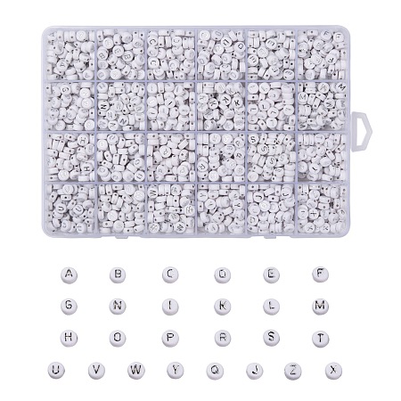 Honeyhandy Plating Acrylic Beads, Silver Metal Enlaced, Horizontal Hole, Flat Round with Letter, White, Letter A~Z, 1728pcs/box