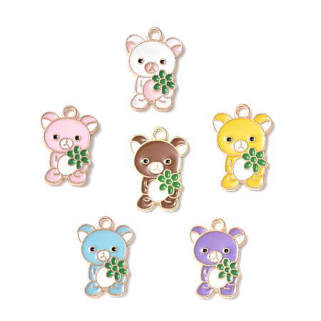 Alloy Enamel Pendants, Light Gold, Bear with Flower Charm, Mixed Color, 18.5x12.5x1mm, Hole: 1.6mm