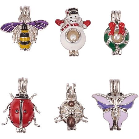 NBEADS 6 Pcs Mixed Alloy Enamel Butterfly Bee Ladybug Spider Snowman Christmas Wreath Charm Cage Pendants with 6 Pcs Acrylic Pearl Beads for DIY Necklace Bracelet Jewelry Making, Mixed Color