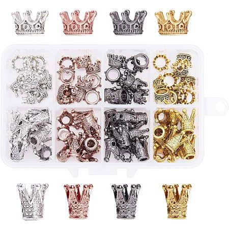 Arricraft 80 pcs 4 Colors 3D King Crown Charm Beads, Tibetan Style Alloy Large Hole Spacer Beads Loose Beads Bracelet Connector for Necklace Jewelry DIY Craft Making