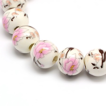 Arricraft Handmade Flower Printed Porcelain Ceramic Beads Strands, Round, PearlPink, 10mm, Hole: 2mm; about 38pcs/strand, 14.1