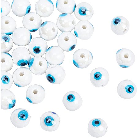 NBEADS About 32 Pcs Ceramic Evil Eye Beads 10mm, Evil Eye Charms Bright Glazed Porcelain White Beads Turkish Loose Beads for Bracelet Earring Necklace DIY Jewelry Making