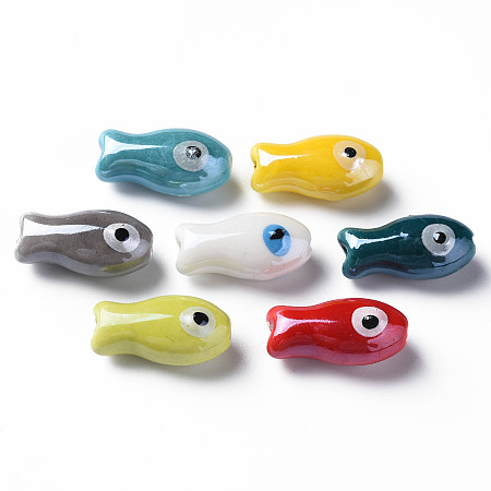 Honeyhandy Handmade Porcelain Beads, Famille Rose Style, Fish, Mixed Color, 19.5x10x8mm, Hole: 2mm