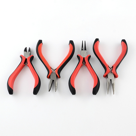 Honeyhandy Iron Jewelry Tool Sets: Round Nose Pliers, Wire Cutter Pliers, Side Cutting Pliers and Bent Nose Plier, Red, 110~127mm, 4pcs/set