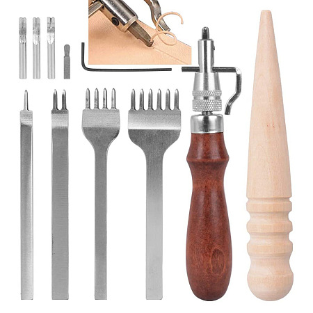 Honeyhandy High Carbon Steel Leather Crafting Tools, with Wood, Leather Working Tools Kit, for Stitching Punching Cutting Sewing Leather Craft Making, Stainless Steel Color, 11pcs/set