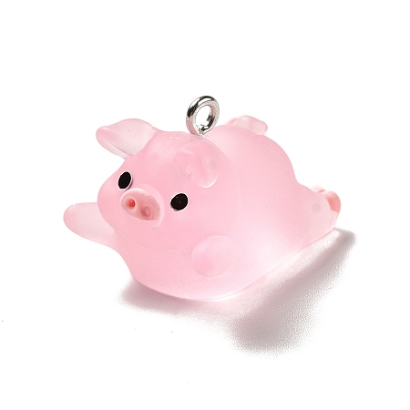 Honeyhandy Translucent Resin Pendants, Pig Charm, with Platinum Tone Iron Findings, Pearl Pink, 19x18x26mm, Hole: 2mm