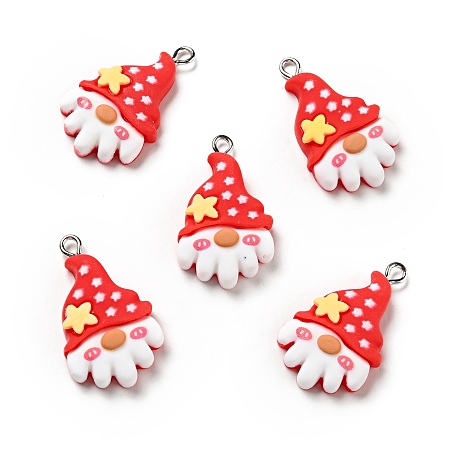 Christmas Opaque Resin Pendants, with Platinum Tone Iron Loops, Gnome with Hat Charm, Red, 31x18x6mm, Hole: 2x2.5mm