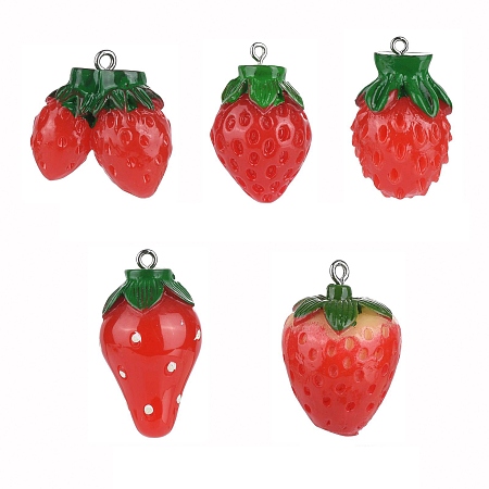 ARRICRAFT 25Pcs 5 Sizes Resin Strawberry Pendants, with Platinum Tone Iron Loops, Imitation Food, Red, 25~36x19~25mm, Hole: 2mm, 5pcs/size, 25pcs/box