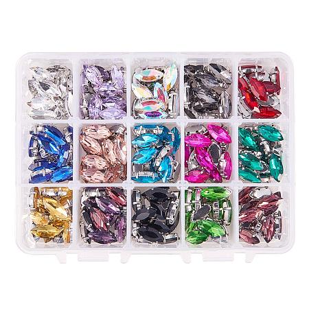 PandaHall Elite 225pcs 15 Colors Sew on Horse Eye Faceted Glass Rhinestone Flatback with Brass Findings 4-Hole Bead Charm for Clothing Dress Decoration