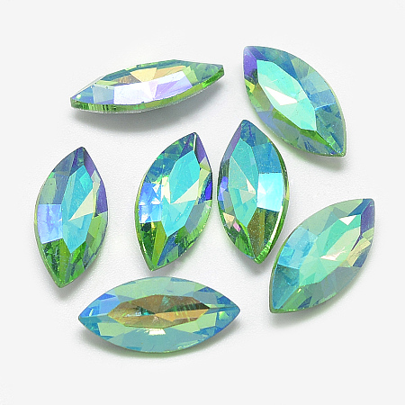 Honeyhandy Pointed Back Glass Rhinestone Cabochons, Back Plated, Faceted, AB Color Plated, Horse Eye, Light Green, 15x7x4mm