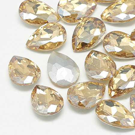 Honeyhandy Pointed Back Glass Rhinestone Cabochons, Back Plated, Faceted, teardrop, Light Colorado Topaz, 10x7x4mm