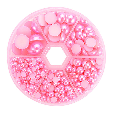 PandaHall Elite Hot Pink 4-12mm Flat Back Pearl Cabochons for Craft and Decoration, about 690pcs/box