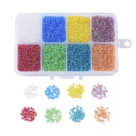 FGB 12/0 Round Glass Seed Beads, Transparent Colours Rainbow, Round, Mixed Color, 2x1.5mm, Hole: 0.9mm, 22g/color, 8colors, 176g/box