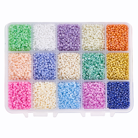 PandaHall Elite About 19500pcs 15 Color 12/0 Glass Seed Beads 2mm Mini Beads with Container Box for Jewelry Making