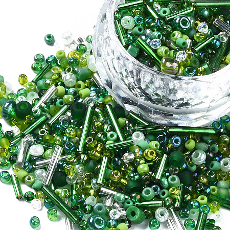 Honeyhandy Glass Seed Beads, Mixed Style, Mixed Shapes, Green, 1~7x2~4mm, Hole: 0.7~1mm, about 450g/pound