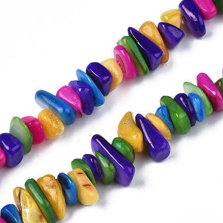 Natural Trochid Shell/Trochus Shell Beads Strands, Dyed, Chips, Colorful, 7~22x5~8x1~6.5mm, Hole: 1mm, about 96~111pcs/strand, 14.37 inch~15.75 inch(36.5cm~40cm)