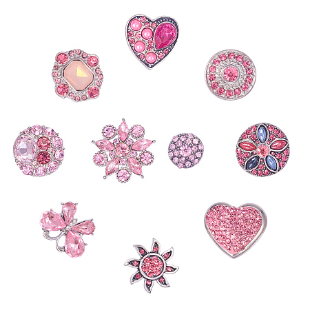 PandaHall Elite 10pcs Alloy Pink Rhinestones Snaps Buttons Jewelry Charms for Snaps Jewelry Making Charms