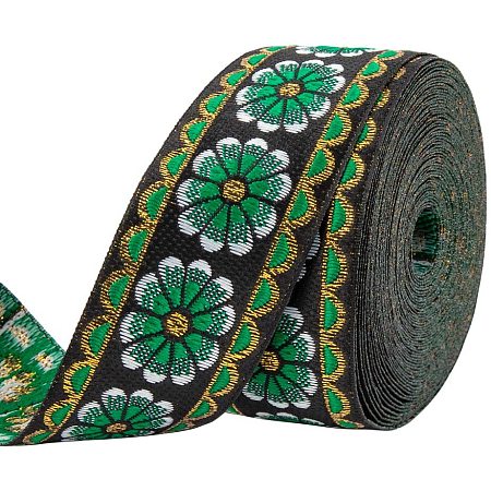 PandaHall Elite 7 Yards 1.2inch Floral Embroidered Jacquard Ribbon Vintage Woven Trim for Embellishment Craft Supplies, Green, 33mm Wide