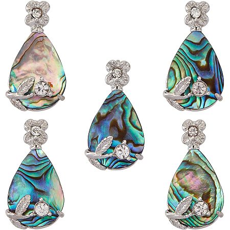 BENECREAT 5 Packs Natural Abalone Shell Pendants Overlay Abalone Shell Charms with Rhinestone Findings for Jewelry Making, Teardrop Pattern