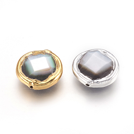 Black Lip Shell Beads, Edge Plated, Faceted, Flat Round, Mixed Color, 14~14.5x4.5~5mm, Hole: 0.8mm