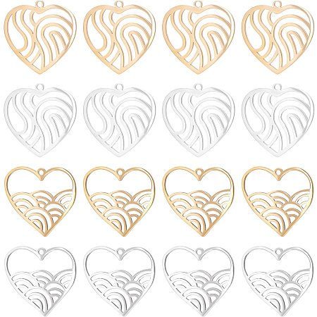 DICOSMETIC 16Pcs 4 Style Stainless Steel Ocean Wave in Heart Pendants Heart with Rainbow Pendant Heart Shape Hawaii Pendant Beach Wave Charm Ocean Lover Charm Filigree Charms for Jewelry Making