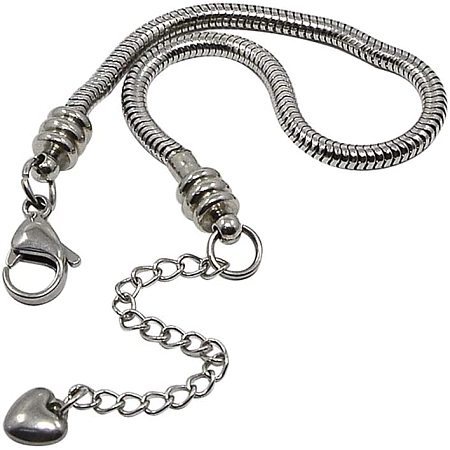 PandaHall Elite 10 Strand Stainless Steel Snake Chains with Lobster Claw Clasp and Heart Charms European Charm Bracelet for Women and Bead Charms