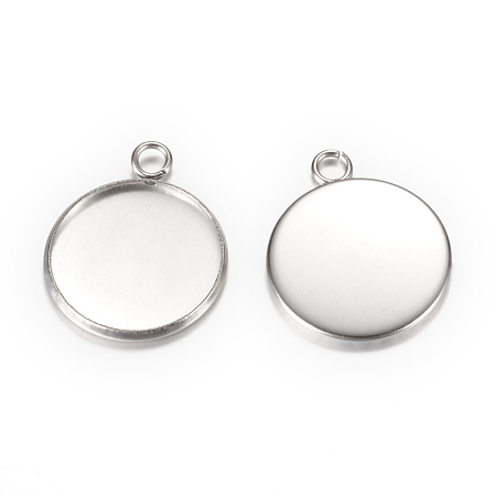Honeyhandy 304 Stainless Steel Pendant Cabochon Settings, Plain Edge Bezel Cups, Flat Round, Stainless Steel Color, Tray: 20mm, 26.5x22x2mm, Hole: 3mm