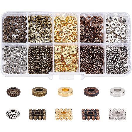 Arricraft 500 Pcs 3 Styles Tibetan Style Alloy Spacer Beads, Flat Round Disc Spacer Beads Square & Bicone Metal Charm Loose Bead for DIY Jewelry Craft Making