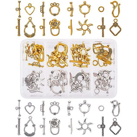 SUNNYCLUE 1 Box 32 Sets 8 Styles Toggle Jewelry Clasp OT Clasps Ring Connectors Alloy Hollow Heart Sun Flower T-bar Closure for DIY Jewelry Making Bracelets Crafts Supplies, Golden Silver