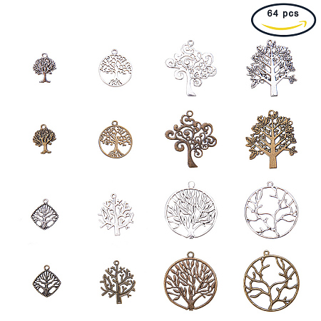 PandaHall Elite 64 Pcs Tibetan Style Alloy Tree of Life Charms Pendants Jewelry Findings 8 Style for Bracelet and Necklace Making Mixed Color