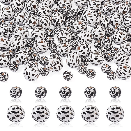 Beadthoven 120Pcs 2 Style Printed Natural Wooden Beads, Round,  White&Black, 10~16mm, Hole: 2~4mm, 60pcs/style