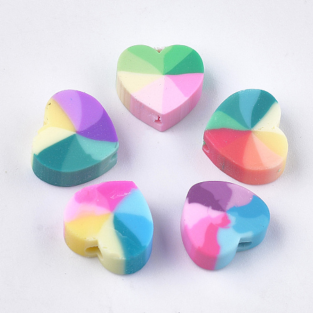 ARRICRAFT Handmade Polymer Clay Beads, Heart, Mixed Color, 9~10x10~11x4~5mm, Hole: 1.2~2mm
