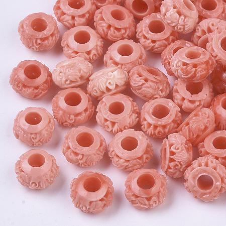 Synthetic Coral Large Hole Beads, Dyed, Two Tone, Carved Rondelle, Light Coral, 7x11mm, Hole: 4mm