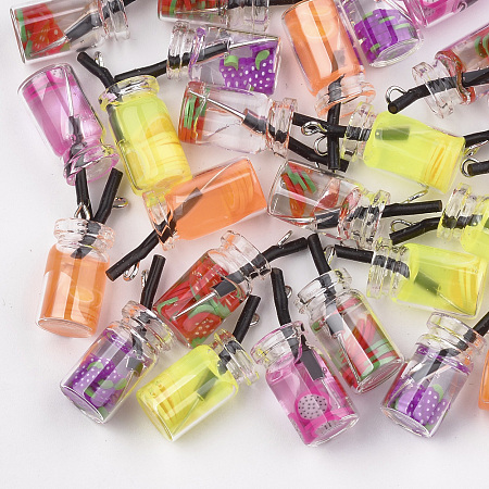 Honeyhandy Glass Bottle Pendants, with Resin Inside, Fruit Tea Charms, Mixed Color, 25~28x10mm, Hole: 1.8mm
