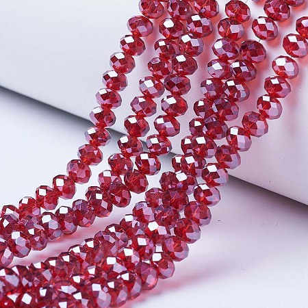 Electroplate Glass Beads Strands, Pearl Luster Plated, Faceted, Rondelle, FireBrick, 6x5mm, Hole: 1mm, about 85~88pcs/strand, 16.1~16.5 inch(41~42cm)
