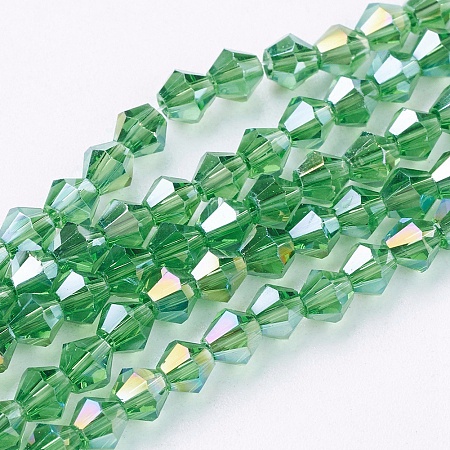 Honeyhandy Glass Beads Strands, AB Color Plated, Faceted, Bicone, Lime Green, 4x4mm, Hole: 1mm, about 92~96pcs/strand, 13.78~14.37 inch