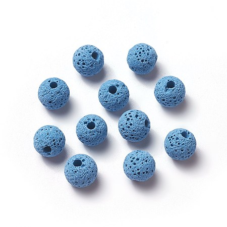 Unwaxed Natural Lava Beads, for Perfume Essential Oil Beads, Aromatherapy Beads, Dyed, Round, Dodger Blue, 8.5mm, Hole: 1.5~2mm