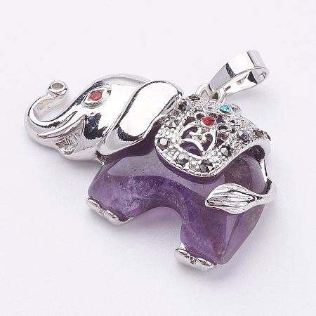 Honeyhandy Natural Amethyst Pendants, with Rhinestone and Brass Findings, Elephant, Platinum, 25.5x36.5x10mm, Hole: 5x8mm
