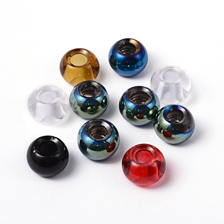 Arricraft Glass European Beads, Large Hole Beads, with Silver Tone Brass Cores, Rondelle, Mixed Color, 11.5~12x9~10mm, Hole: 5mm