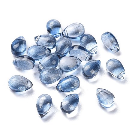 Honeyhandy Transparent Glass Charms, Glitter Gold Powder, Teardrop, Blue, 9x6x5mm, Hole: 1mm
