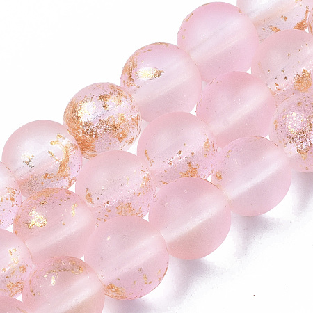 Arricraft Frosted Spray Painted Glass Beads Strands, with Golden Foil, Round, Pink, 8~9mm, Hole: 1.2~1.5mm, about 46~56pcs/Strand, 14.37 inches~16.3 inches(36.5~41.4cm)