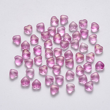 Honeyhandy Transparent Spray Painted Glass Beads, with Glitter Powder, Heart, Violet, 6x6x4mm, Hole: 0.7mm
