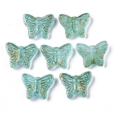Arricraft Transparent Spray Painted Glass Beads, with Golden Foil, Butterfly, Light Sea Green, 12.5x15.5x5mm, Hole: 1mm