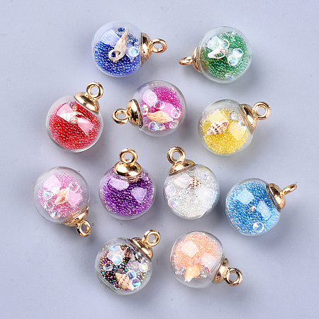 Honeyhandy Transparent Glass Globe Pendants, with Resin & Resin Rhinestone & Conch Shell & Glass Micro Beads inside, Plastic CCB Pendant Bails, Round, Golden, Mixed Color, 21.5x16mm, Hole: 2mm
