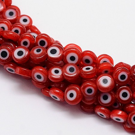 Honeyhandy Handmade Evil Eye Lampwork Flat Round Bead Strands, Red, 6x3mm, Hole: 1mm, about 65pcs/strand, 14 inch