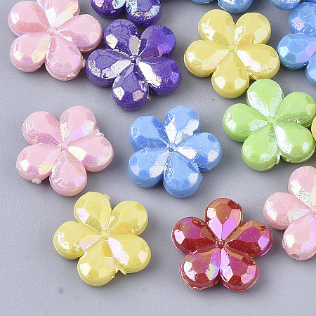Honeyhandy Opaque Acrylic Beads, AB Color Plated, Faceted, Flower, Mixed Color, 14x14.5x4mm, Hole: 1.2mm