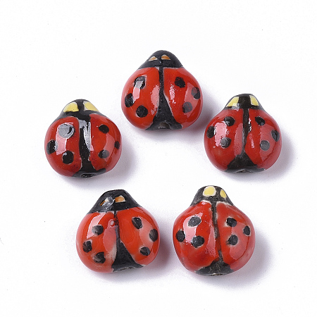 Honeyhandy Handmade Porcelain Beads, Famille Rose Style, Ladybug, Red, 15.5~17x15~16x9~10mm, Hole: 1.6~2mm
