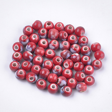Honeyhandy Handmade Porcelain Beads, Fancy Antique Glazed Porcelain, Round, Red, 6~7x5.5~6mm, Hole: 2~2.5mm