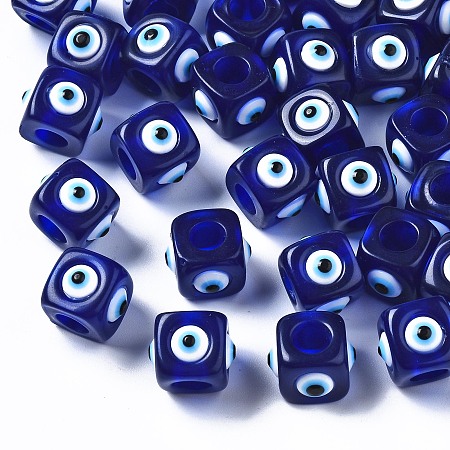 Honeyhandy Resin European Beads, Large Hole Beads, Cube with Evil, Dark Blue, 14x14x11mm, Hole: 6mm