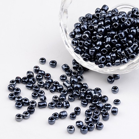 Honeyhandy 6/0 Electroplated Iris Round Glass Seed Beads, Black, 4mm, Hole: 1mm, about 495pcs/50g